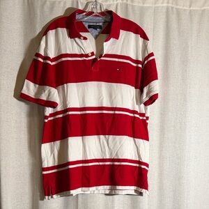 Tommy Hilfiger Red and White Horizontal Stripe Polo